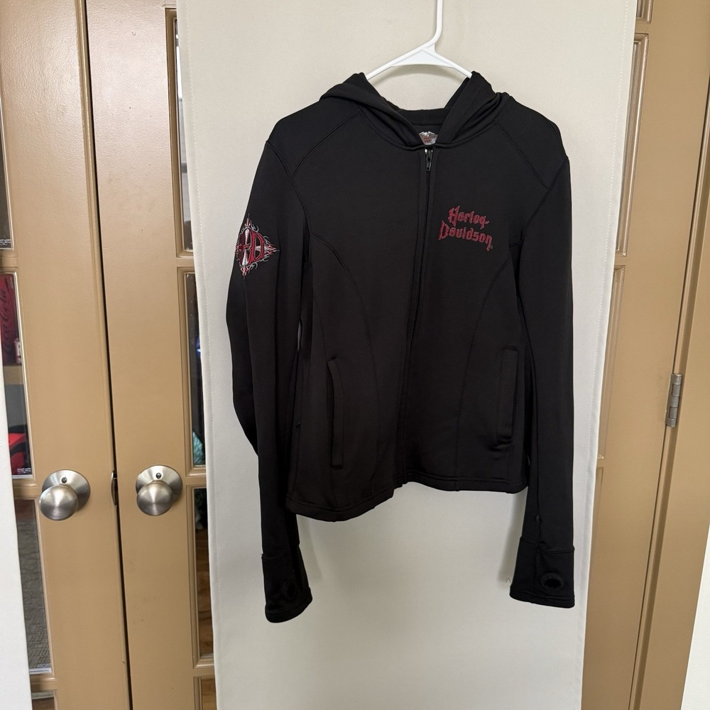 Harley Davidson Women's Large Black Embroider Base Layer Full Zip Up Hoodie